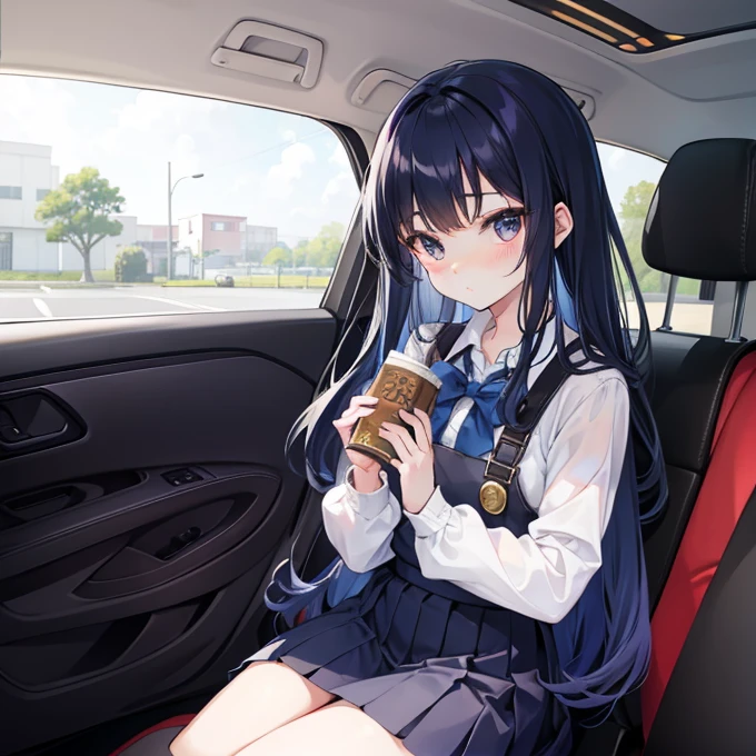 Long navy hair,Pleated skirt,Fufu has a very cute face,It's a cute girl,in the car