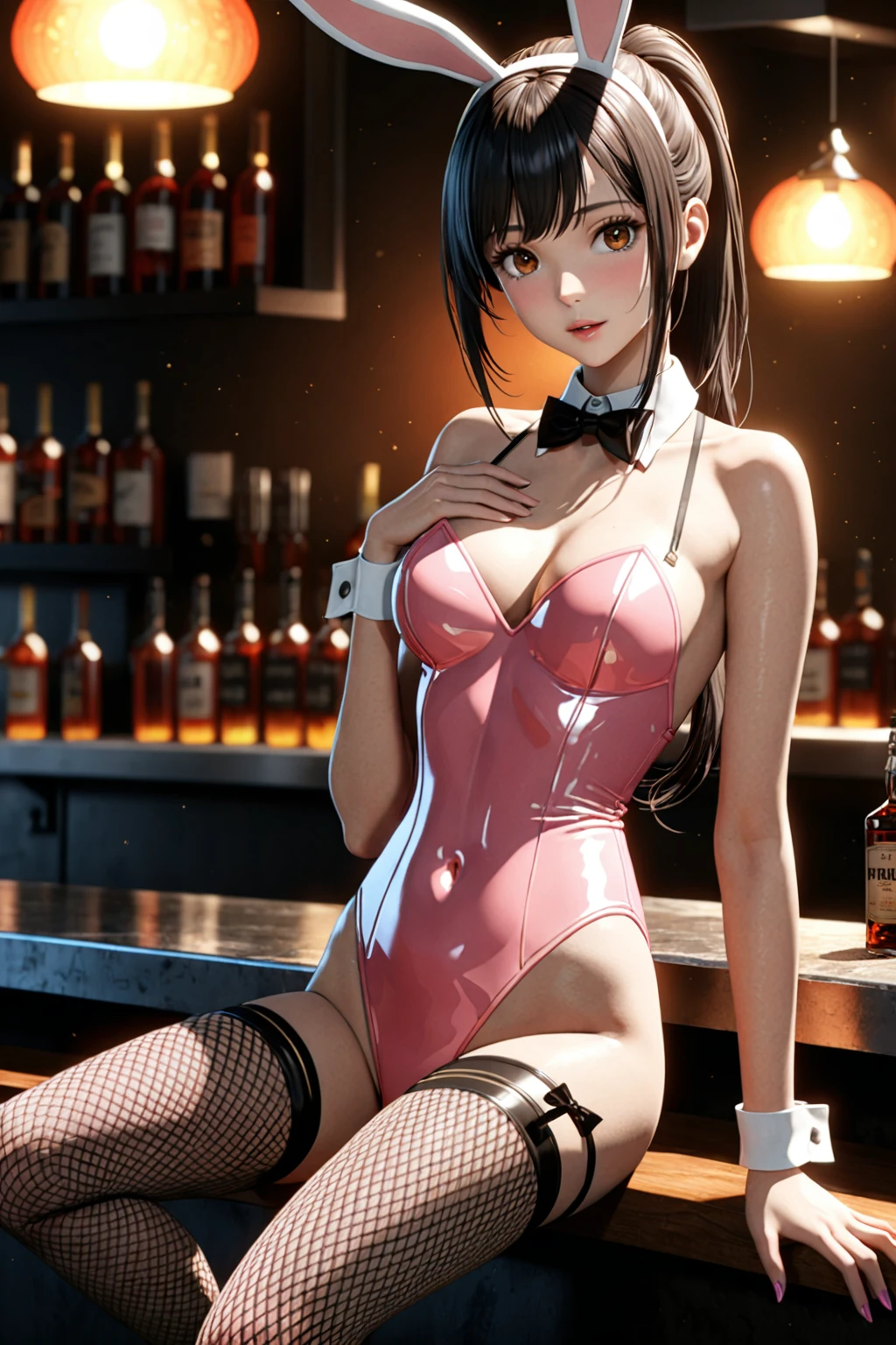 (Official Art、Highest quality、Unity 8k wallpaper、32k、masterpiece、Super detailed、Ultra-high resolution、Real、Photorealistic:1.2)、(Cinema Lighting:1.2)、Fire Glow Effect、Film Grain、Best Shadows、Rim Light、Side Light、(Highly detailed and complex 3D rendering)、細部までBeautiful Faceと目、Slender、Medium bust、(whole body:1.2)、Highly detailed background、(Highly detailed skin、Detailed skin texture:1.3)、(bar counter、Over the counter:1.4)、Nemo、Brown eyes、Black Hair、ponytail、White skin、前髪に緑のメッシュが入ったBlack Hairponytail、Glowing Skin、Beautiful Face、Pink Playboy Bunny Girl、 leotard、A bow tie、cuff、Wearing fishnet stockings、Pink rabbit ears、Riding on a rabbit's tail、、、Drink alcohol、With a cheerful smile、