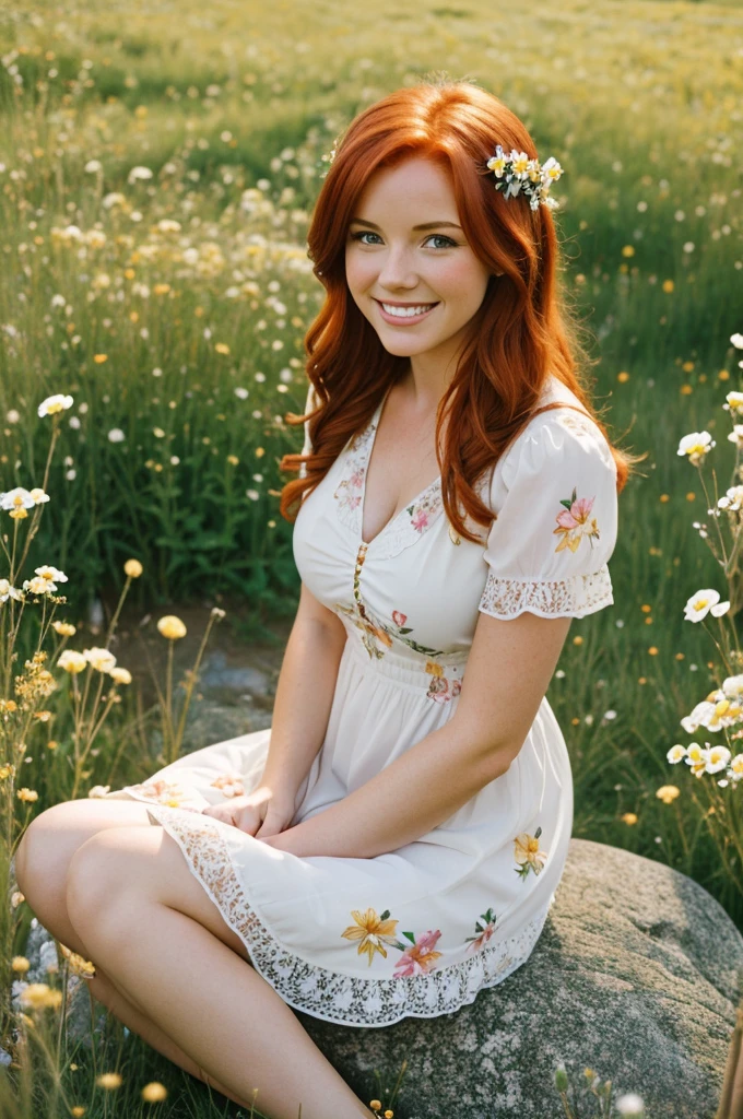 A close up photo of a busty redhead, smiling, wearing a summer dress, sitting on a rock in a flower-covered meadow, doggy position, Hyperrealistic photo, photo taken with canon eos 3 and kodak gold 400