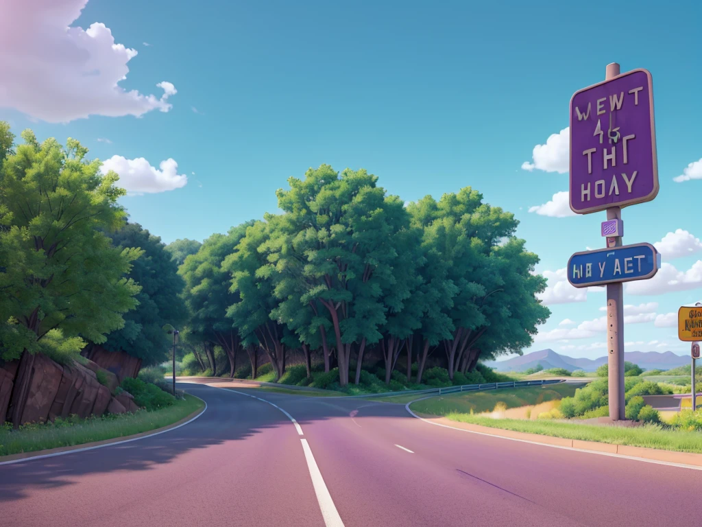 Image in aspect ratio 4:3; Highway scenery; blue and lilac sky; green vegetation; Route 66 sign on the side of the highway; gray highway; radiator springs pixar style; qualidade hd; photo angle taken 150cm from the ground ; High definition; Cactos