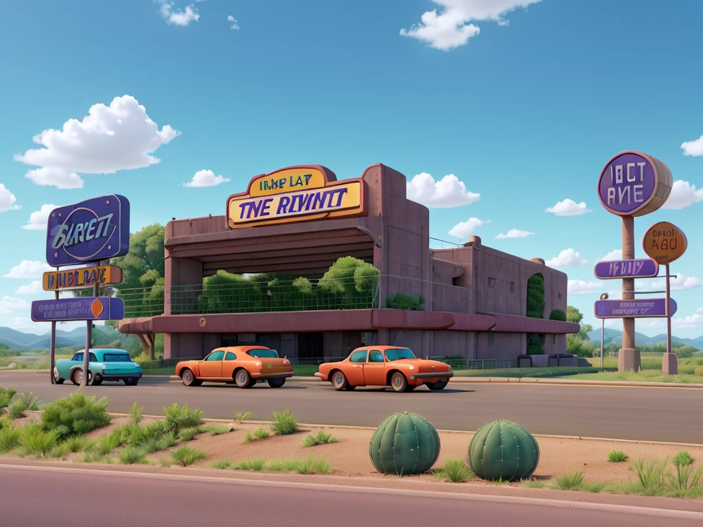 Image in aspect ratio 4:3; Highway scenery; blue and lilac sky; green vegetation; Route 66 sign on the side of the highway; gray highway; radiator springs pixar style; qualidade hd; photo angle taken 150cm from the ground ; High definition; Cactos