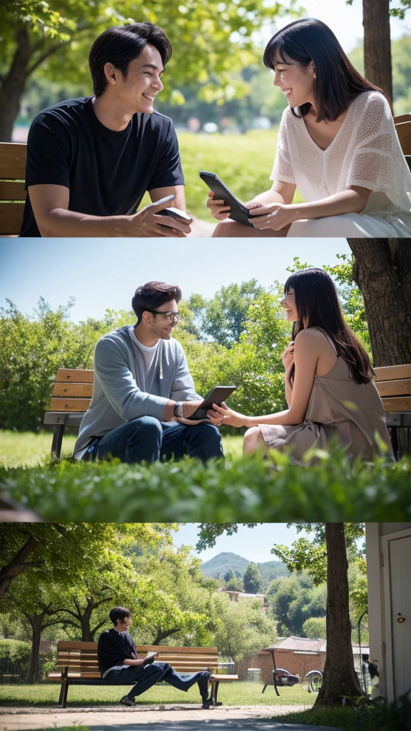 A scene showing two people, a man and a woman, sitting in different locations but both smiling while looking at their smartphones. The man is sitting on a park bench with green trees in the background, and the woman is in a cozy room with a bookshelf behind her. They are both clearly engaged in a lively text conversation, with visible message bubbles on their screens indicating frequent and happy communication."