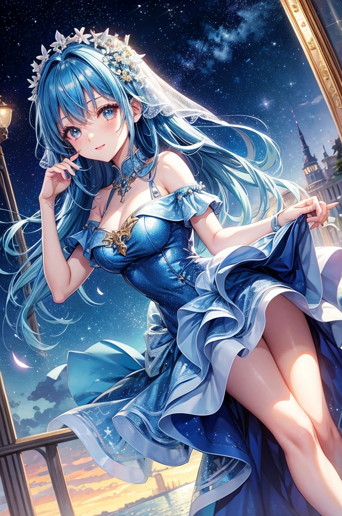 Blue haired girl character、Night scene with starry sky background、Wearing a gorgeous dress、Subtle details、A fantastic atmosphere、Anime style