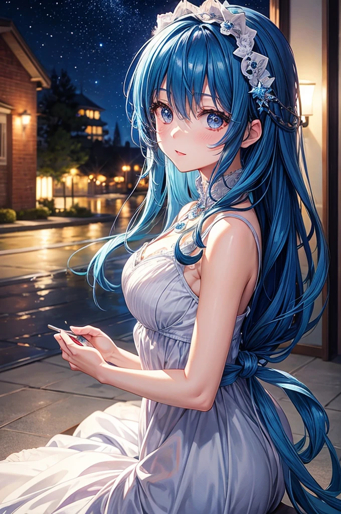 Blue haired girl character、Night scene with starry sky background、Wearing a gorgeous dress、Subtle details、A fantastic atmosphere、Anime style