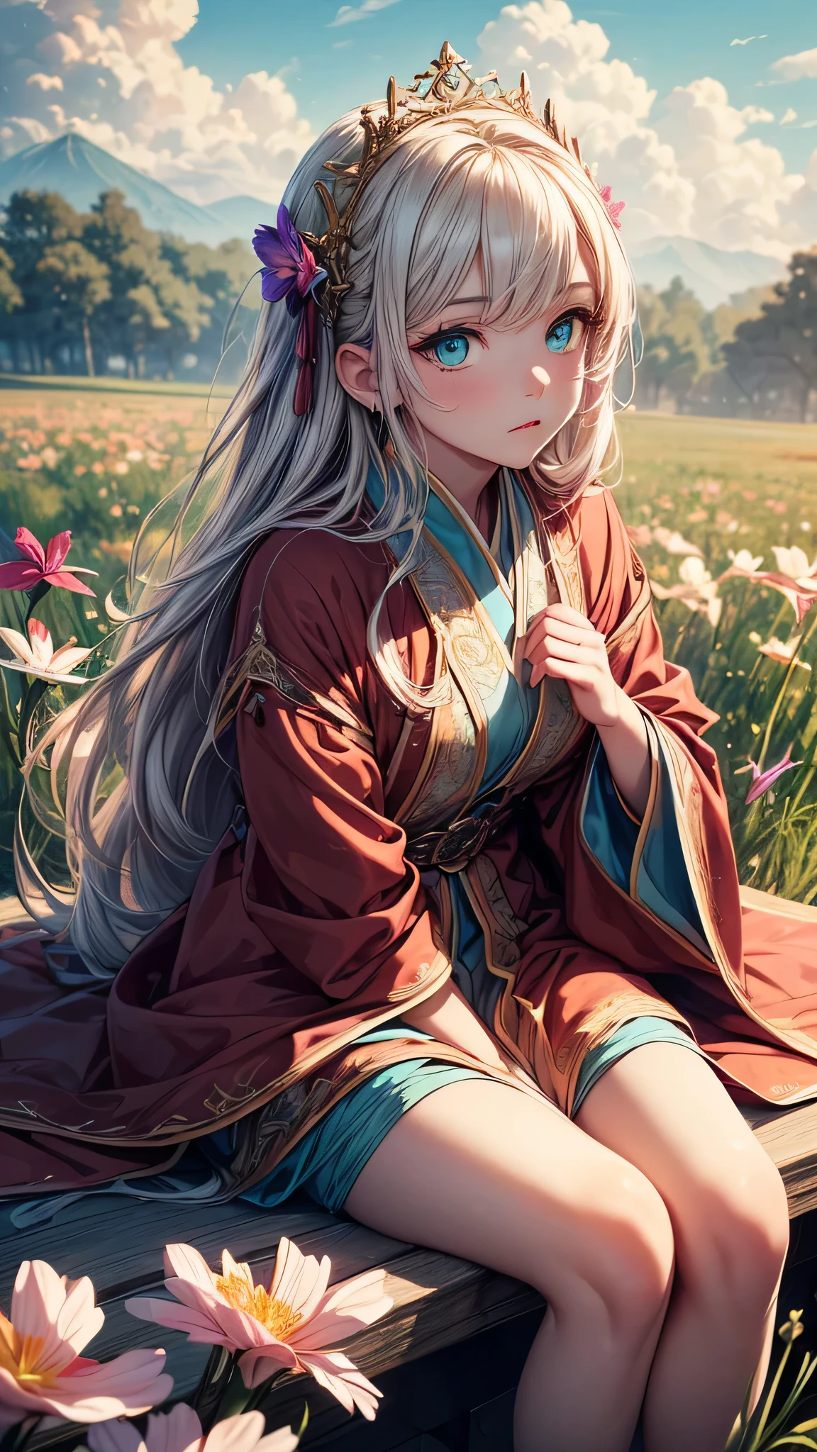 (Highest quality, masterpiece), Turquoise Screen Filter,  (Very delicate and beautiful face), (Beautiful eyes in every detail),(One girl, alone, Brown robes, expression, look up, Sitting, Wide sleeves, Iris, Long Hair, Cowboy Shot), (sunny, Cosmos field, cloud),