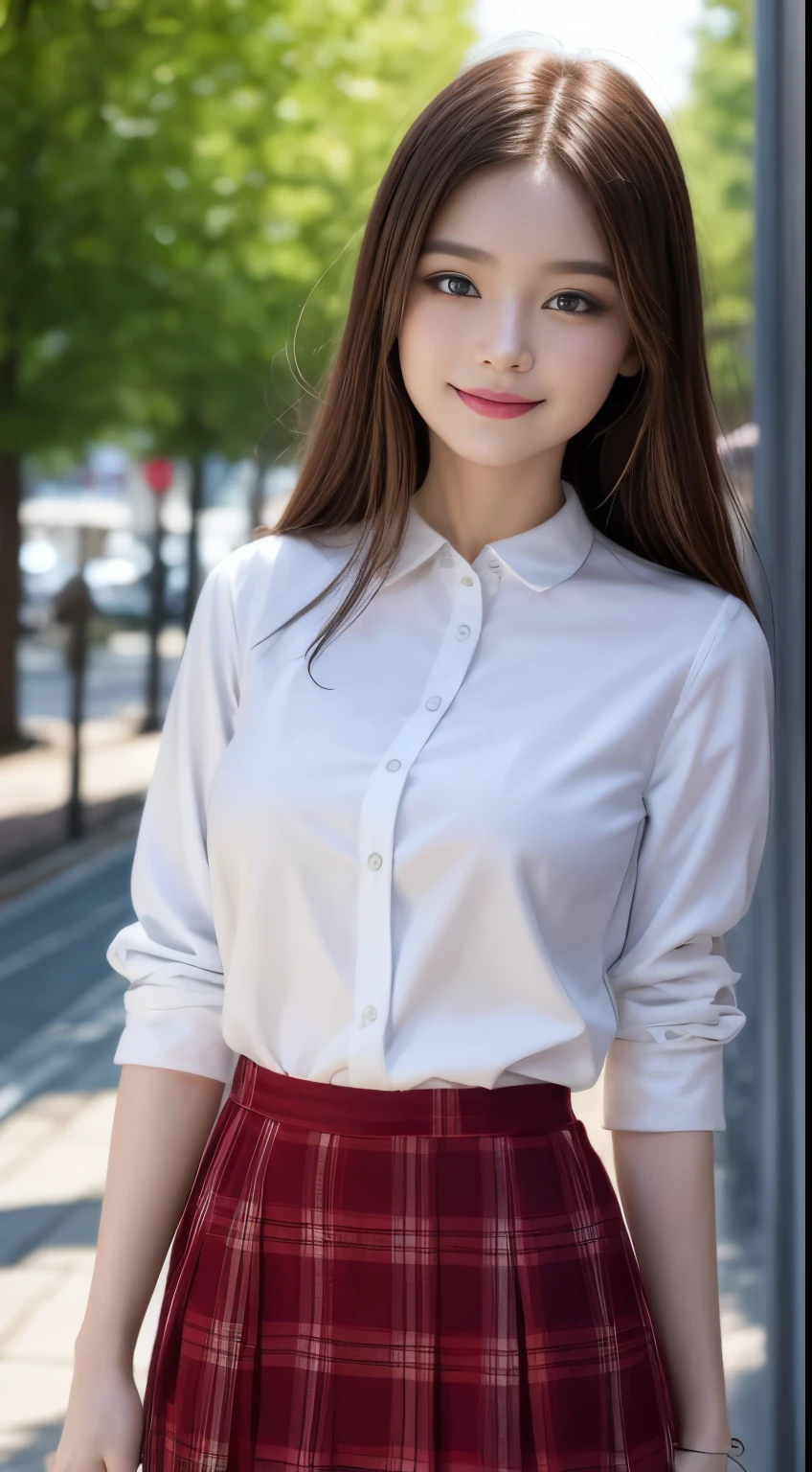 8k, masterpiece, RAW photo, best quality, photorealistic, extremely detailed CG unity 8k wallpaper, Depth of field, Cinematic Light, Lens Flare, Ray tracing, (extremely beautiful face, beautiful lips, beautiful eyes), intricate detail face, ((ultra detailed skin)) 1girl, in the dark, deep shadow, pretty asian girl, 1 girl, (very slim slender fit-muscled body:1.3), ((looking at viewer)),(big smile:1.3), (short skirt ), (red mini skirt ), pantyhose, clear eyes, walking , front shot, (pale skin), (big eyes), face forward, (red shirt), (slim waist) (tight shirt), (brown hairs), ((laced blouse)),,(looking at viewer:1.3) very slim, medium breasts, stockings, street, buildings, tree, sunny, (plaid skirt), (high heels), gentle skirt