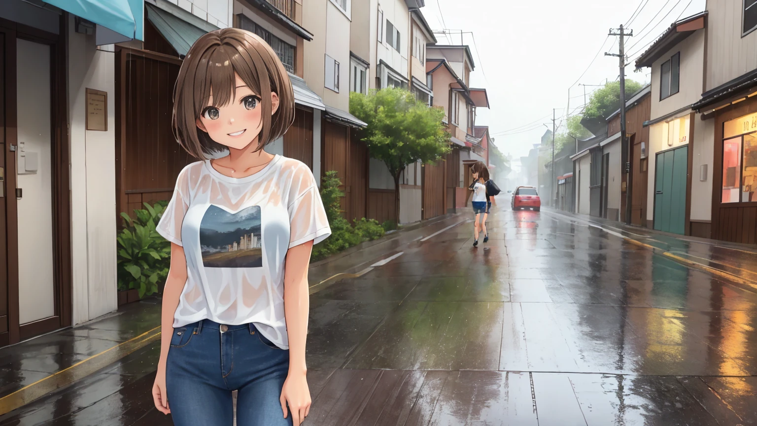 An empty street on a rainy summer day、A shot of a woman。The woman has light brown hair in a very short bob.。Women are dressed in T-shirts and jeans。The woman is soaked in the rain。She has a cute smile and a cute pose。