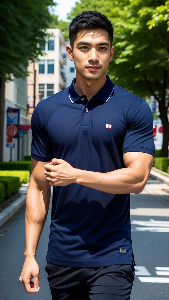 (Create a masterpiece: 1.2),(CGI art:1.3),(realistic:1.5),(After processing:1.3),(Sharp focus:1.3),10,1 man, smile, (Wear a dark blue polo shirt.), Navy cargo pants, Korean guy , korean men, (High gloss details), chest muscles, large arm muscles, blood vessel, Big muscles, Broad shoulders, looking at the audience, Balancing the eyes, In the middle of the road in the capital