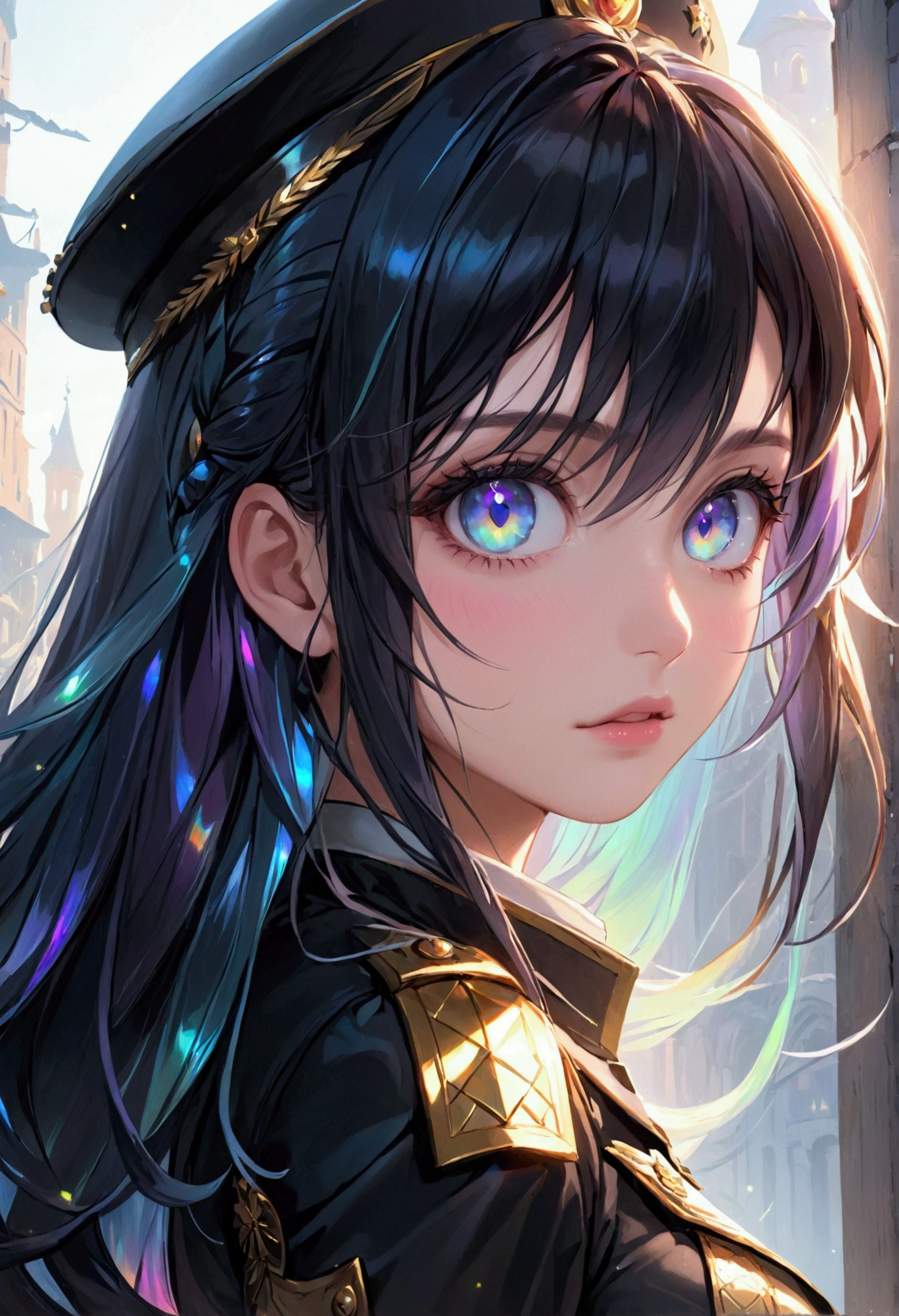 (masterpiece), best quality, expressive eyes, perfect face, Girl,long dark iridescent hair, iridescent eyes, small waist, small , large thighs,military outfit fantasy
