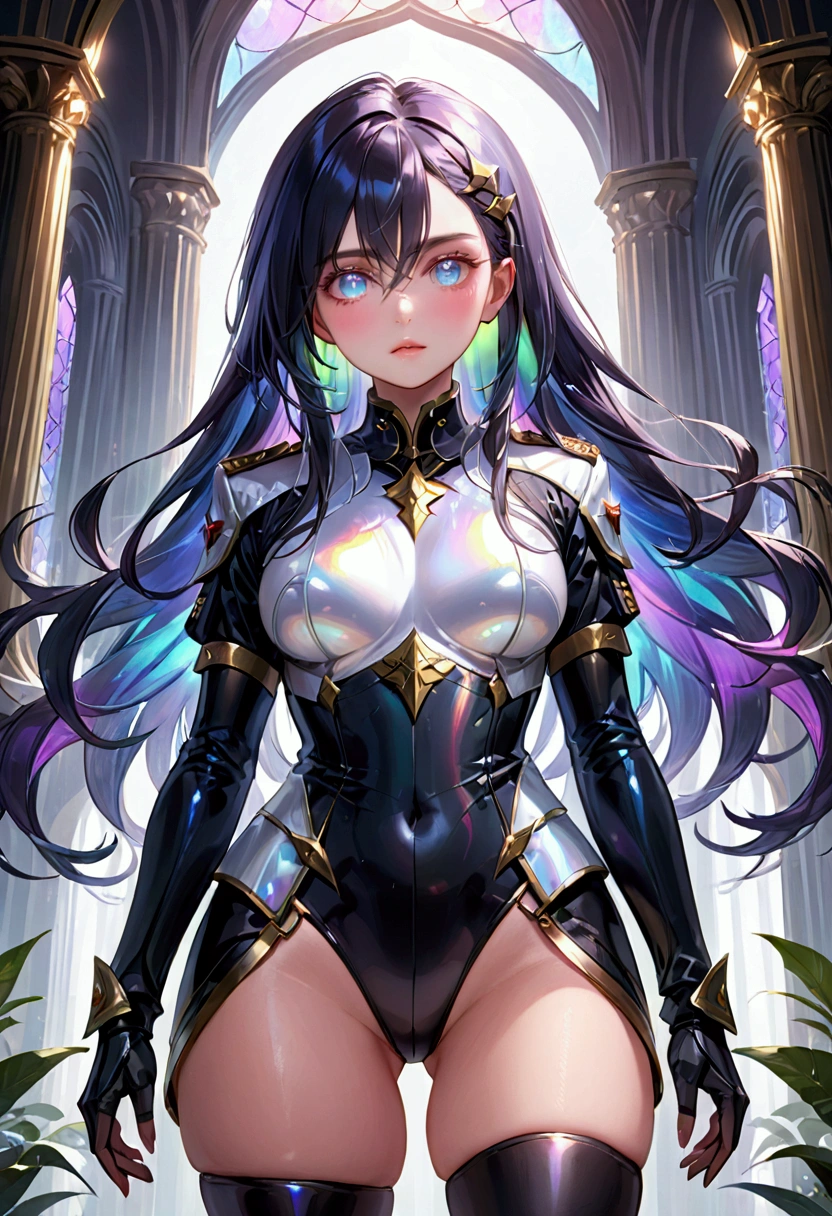 (masterpiece), best quality, expressive eyes, perfect face, Girl,long dark iridescent hair, iridescent eyes, small waist, small , large thighs,military outfit fantasy