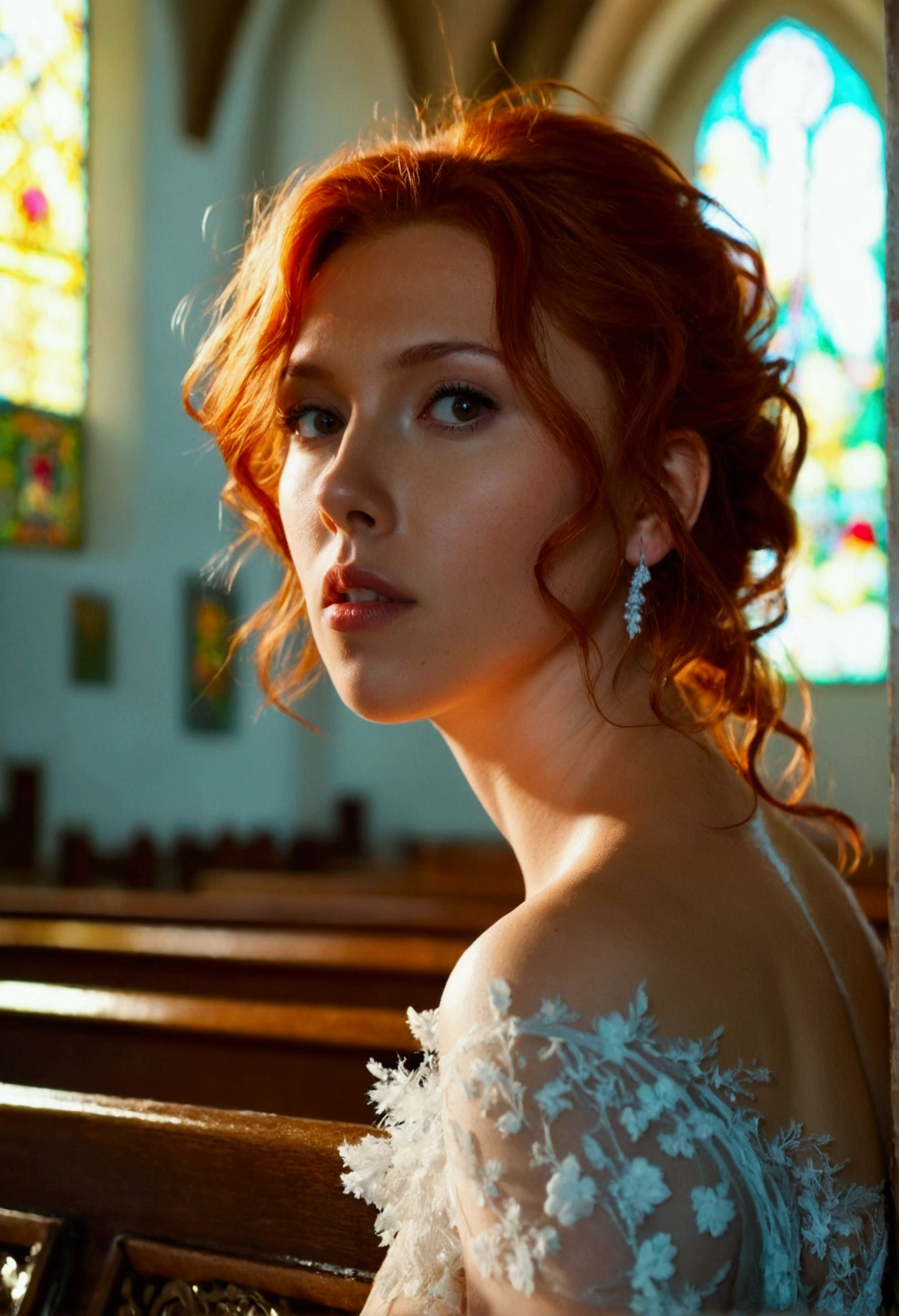 red haired woman tender look, features similar to scarlet johansson in a church, naked