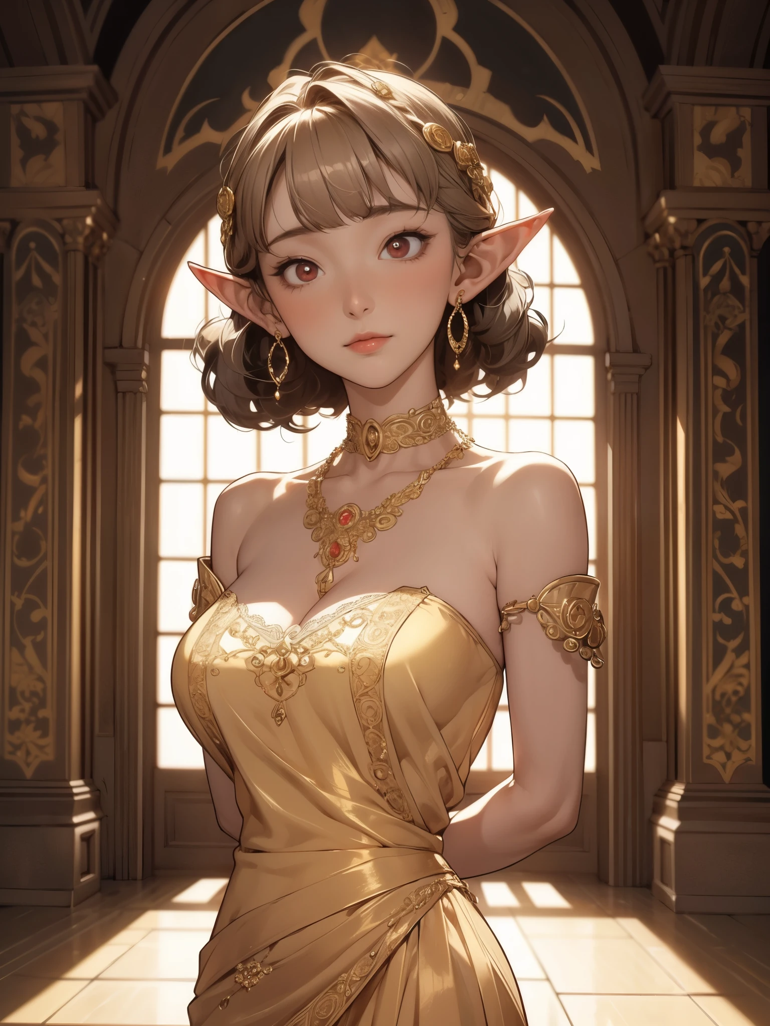 1girl, shy pose, see-through golden trimmed lace embroidery strapless dress, arms behind back, head tilt, detailed face, shy expression, looking at viewer, short hair, flat bangs, shoulder, golden colored lighting, (spot light:1.2), ornate necklace, ornate geometric statement hoop earring, (fidelity: 1.4), amazing, masterpiece, curly gray hair, red eyes, (pointed elf ear), (medium wide shot:1.2), gigantic breast,