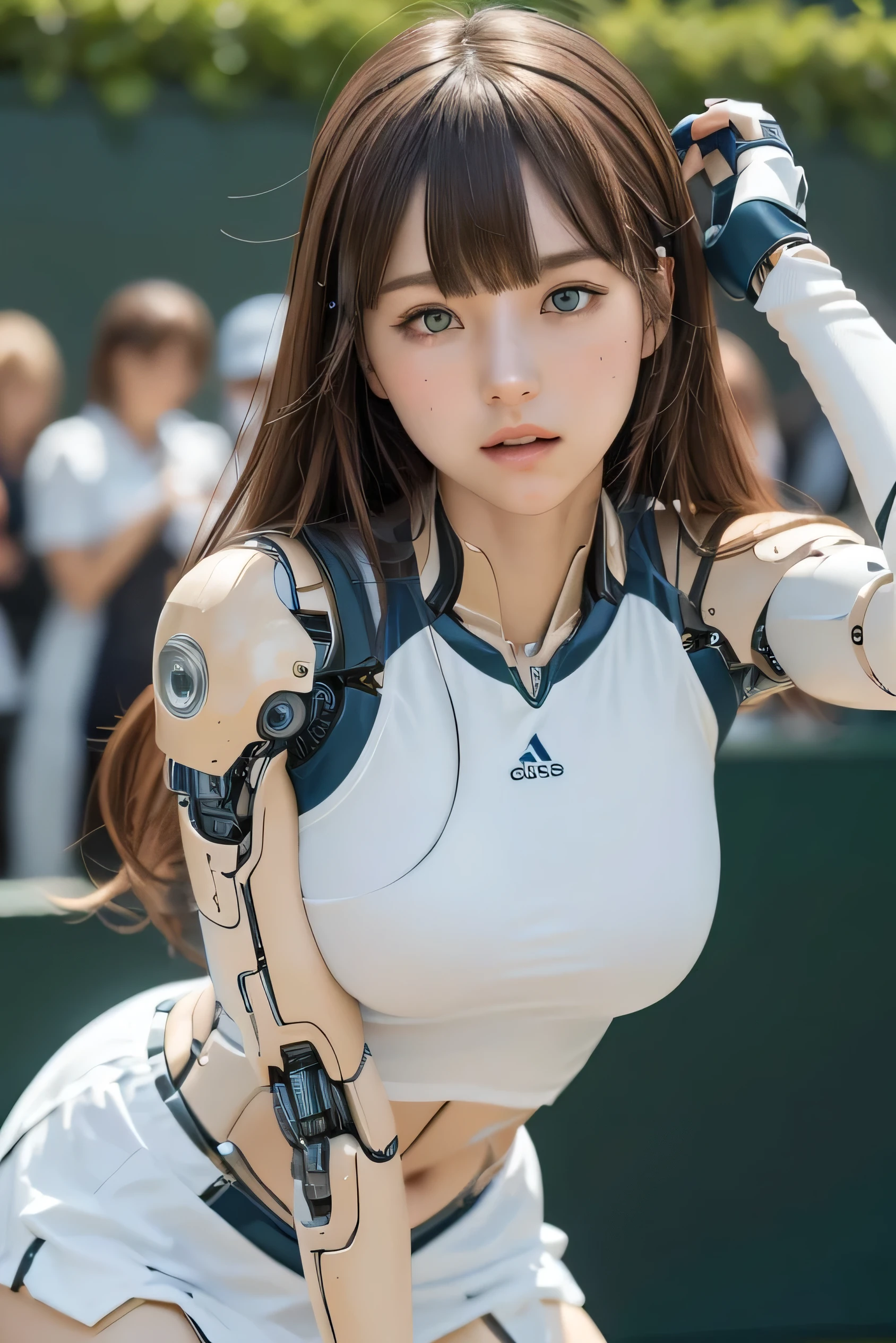 masterpiece, best quality, extremely detailed, Japanese android girl,Plump ,control panels,robot arms,robot,android,cyborg,white robot body,ceramic body,perfect robotgirl,blunt bangs,tennis player,tennis wear,blue eyes