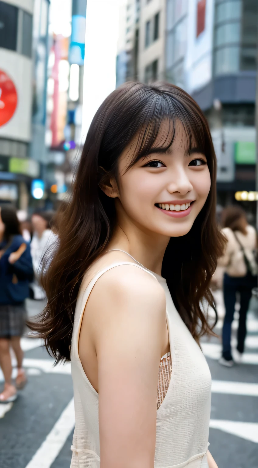 masterpiece,best quality,(Japanese ),((Beautiful girl)),(perfect body beauty:1.2),(shy smile),beautiful teeth,(Shibuya scramble crossing),