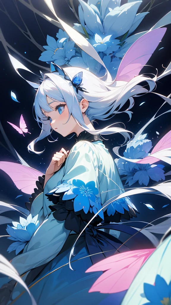 Highest quality,masterpiece,colorful,The background is the World Tree,Transparency,Use HDR technology to create a sense of depth,beautiful,beautiful自然,A girl wearing Lolita-style clothing,Narrow and gentle eyes,mysterious,Silver hair decorated with blue flowers,Fantasy atmosphere,beautiful虹色の蝶々is flying in the air
