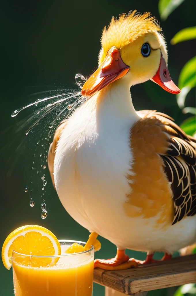 A duck with bright feathers and lively eyes delicately sips freshly squeezed orange juice. Droplets of juice adorn his beak as he tilts his head, enjoying the citrus flavor with a look of contentment and a hint of curiosity