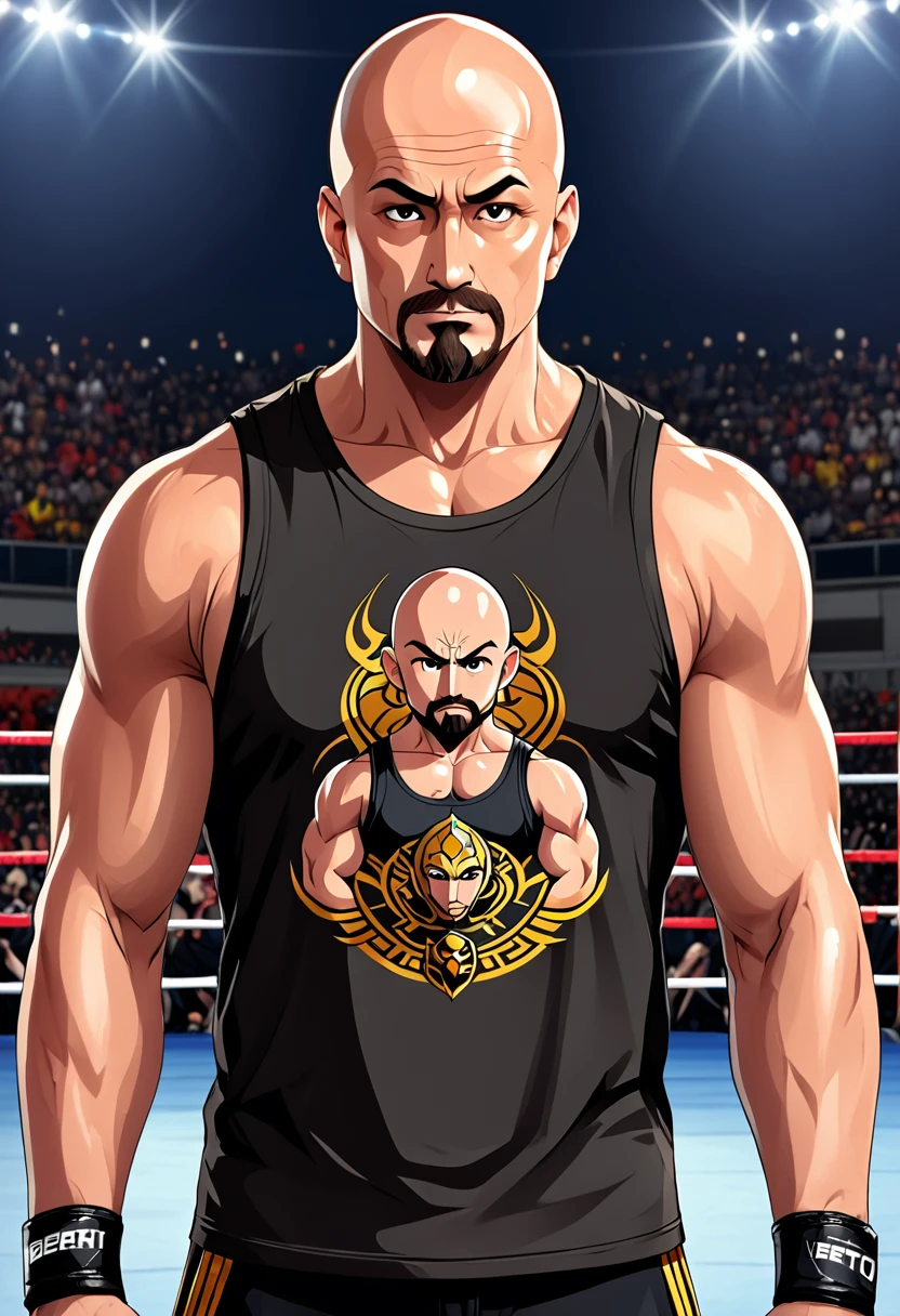 Bald man, muscular, bertatto, wearing sleeveless t-shirt, wrestling sport mode