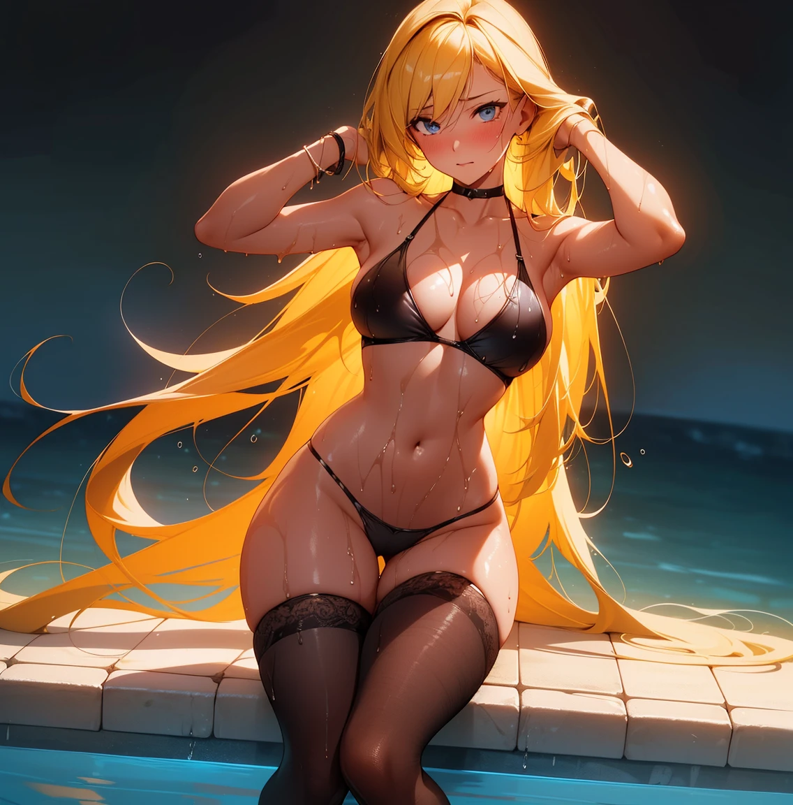 (The best quality,4k,High Resolutions),(realist:1.37), Blonde, long hair, Shy and blushing,sexy, wet bikini,black lingerie,Long black stockings,wet,soggy,open legs,water,(Photo ),

(whole body,cheered up),(vivid colors),(soft lighting)