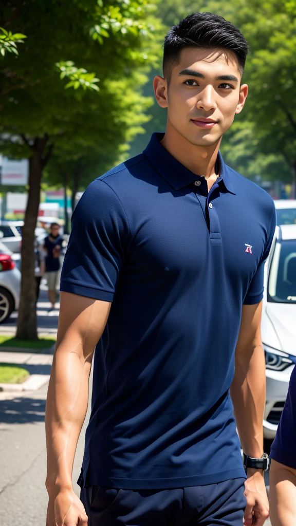 (Create a masterpiece: 1.2),(CGI art:1.3),(realistic:1.5),(After processing:1.3),(Sharp focus:1.3),10,1 man, smile, (Wear a dark blue polo shirt.), Navy cargo pants, Korean guy , korean men, (High gloss details), chest muscles, large arm muscles, blood vessel, Big muscles, Broad shoulders, looking at the audience, Balancing the eyes, In the middle of the road in the capital