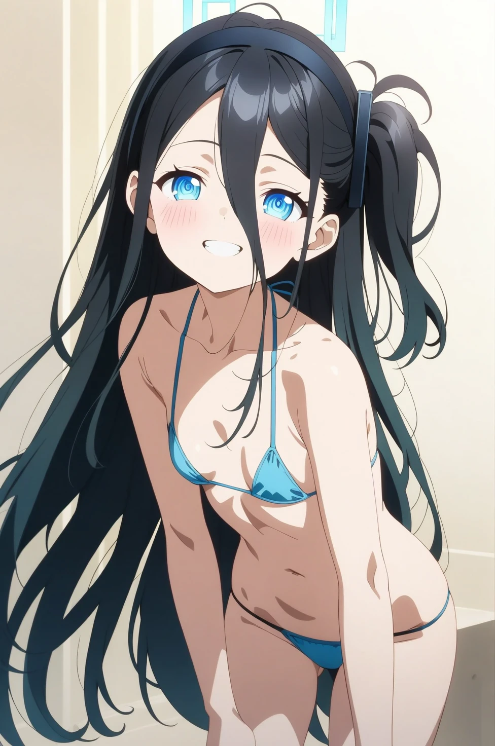 best quality, amazing quality, very aesthetic, absurdres, (1girl, aris (blue archive), blue archive, blue eyes, black hair, small breasts), (realistic face:0.9),(string bikini:1.8), (grin, blush, thigh:1.3), (cowboy shot), (glowing eyes), (half closed eyes:0.9), (), (official art:1.3), (pool), expressive eyes, perfect face, 4k, extremely detailed anime illustration, extremely detailed eyes, perfect anatomy, light rays, extremely delicate body, smooth skin, (simple background:1.5), clear eyes, beautiful face, small breasts,(anime style:1.7), (Warm Light:1.5), (highres:2),
