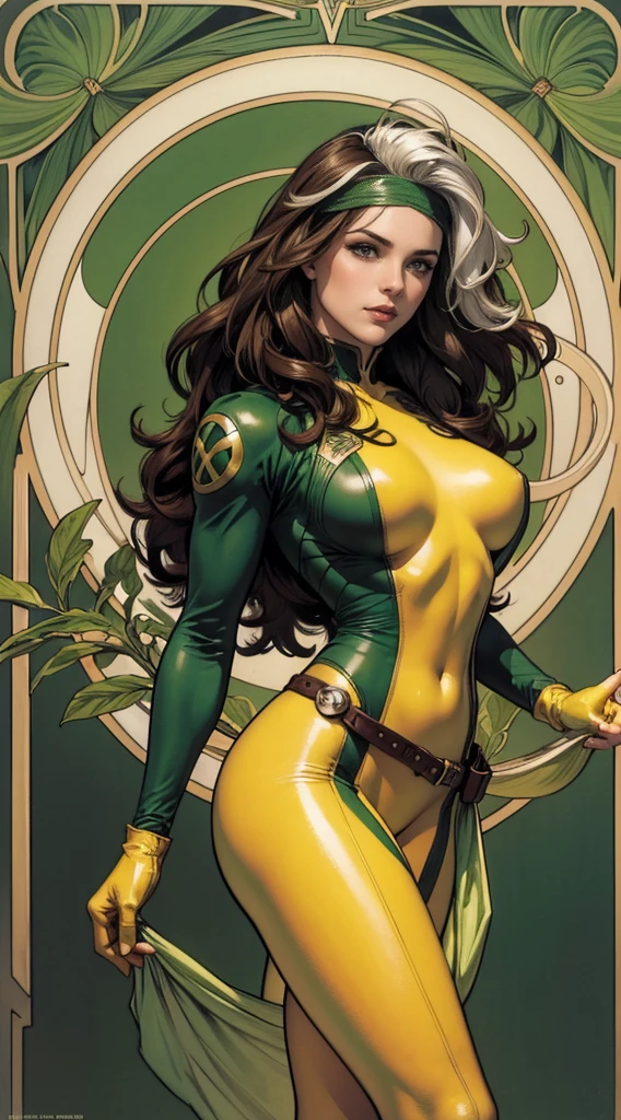 (masterpiece:1.0), (best_quality:1.2), Classic Rogue, 1991 Rogue X-Men, 1 girl, Only 1, full body view, medium length hair, brown hair, wavy hair, messy hair, one lock of white hair, green eyes, mischievous look, smirking, fit figure, curvy figure, medium breasts, lipstick, makeup, jacket, green headband, belt, yellow gloves, skin tight bodysuit, open jacket, light source from above, (realism: 1.5), (Realistic: 1.4), (Absurdity:1.4), 8k, ultra-detailed, Detailed Beautiful Woman, (Art Nouveau style), influence by John William Waterhouse and Alphons Mucha, circles, banners, background colors: green, gold, yellow, white, beige