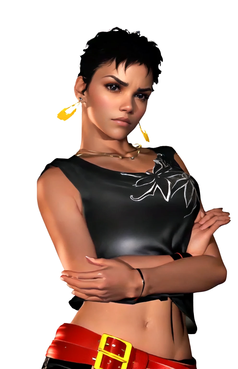 she's black, black hair, dark brown eyes, (eyes turned to look at the camera), swedish, as a character in Out Run 2, of SEGA, 3D CG from the 2000s, Holly, 2k, 2 k, ((disappointed face)), realistic, render of halle berry, fighting game character, from tekken, bright clean face, from devil may cry, wide open curious eyes, hands crossed, black leather shirt with black and white flower art on it, simple golden necklace and earrings, hands on the hips, red belt, red wristband, frowns, disappointed expression