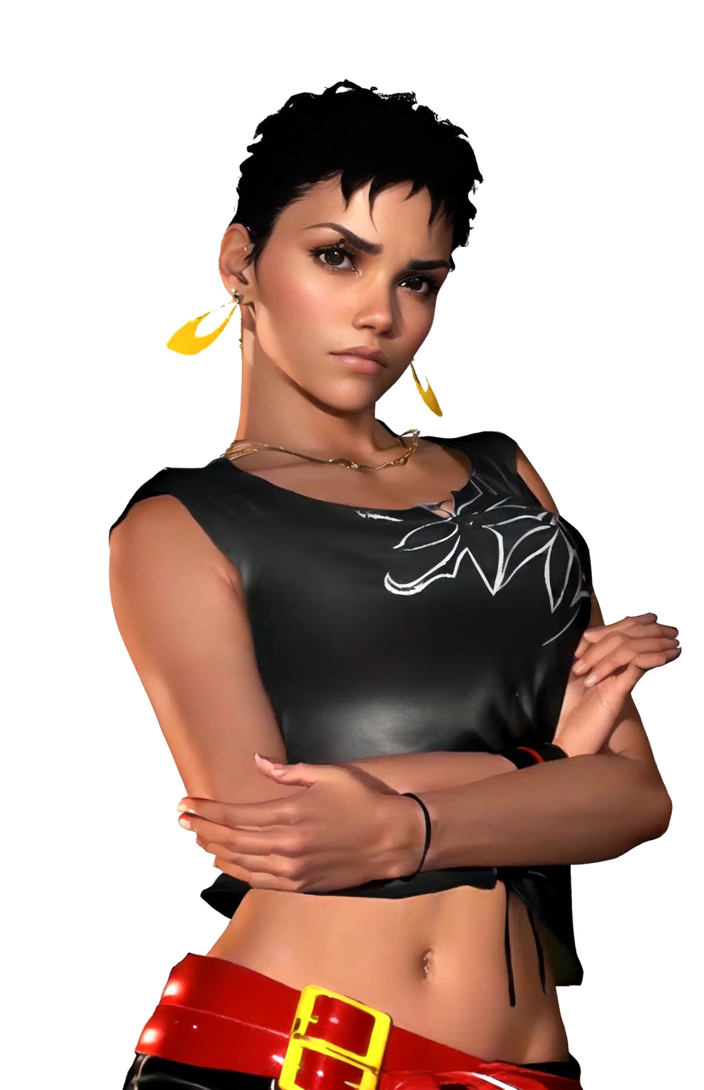 she's black, black hair, dark brown eyes, (eyes turned to look at the camera), swedish, as a character in Out Run 2, of SEGA, 3D CG from the 2000s, Holly, 2k, 2 k, ((disappointed face)), realistic, render of halle berry, fighting game character, from tekken, bright clean face, from devil may cry, wide open curious eyes, hands crossed, black leather shirt with black and white flower art on it, simple golden necklace and earrings, hands on the hips, red belt, red wristband, frowns, disappointed expression