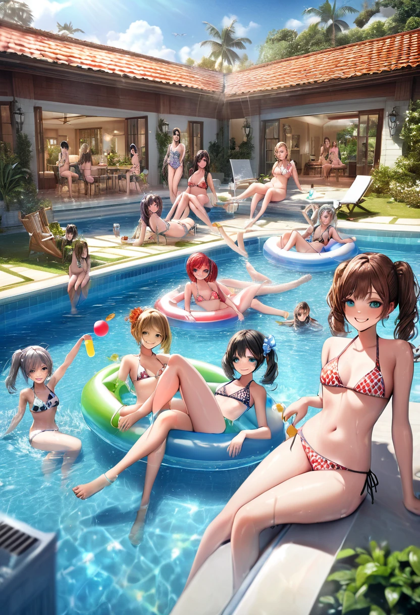 girls in a luxurious pool party, beautiful celebrity girls, intimate friends, 3girls enjoying water activities on large swim-tube with flapping legs, smile happily, vivid pattern bikini, cocktails by the pool, lush garden, large villa, homely atmosphere, (best quality,4k,8k,highres,masterpiece:1.2),ultra-detailed,(realistic,photorealistic,photo-realistic:1.37),HDR,UHD,studio lighting,extremely detailed face and eyes,vivid colors,natural lighting,warm color tones,beautiful detailed eyes,beautiful detailed lips,elegant poses,dynamic splashing water