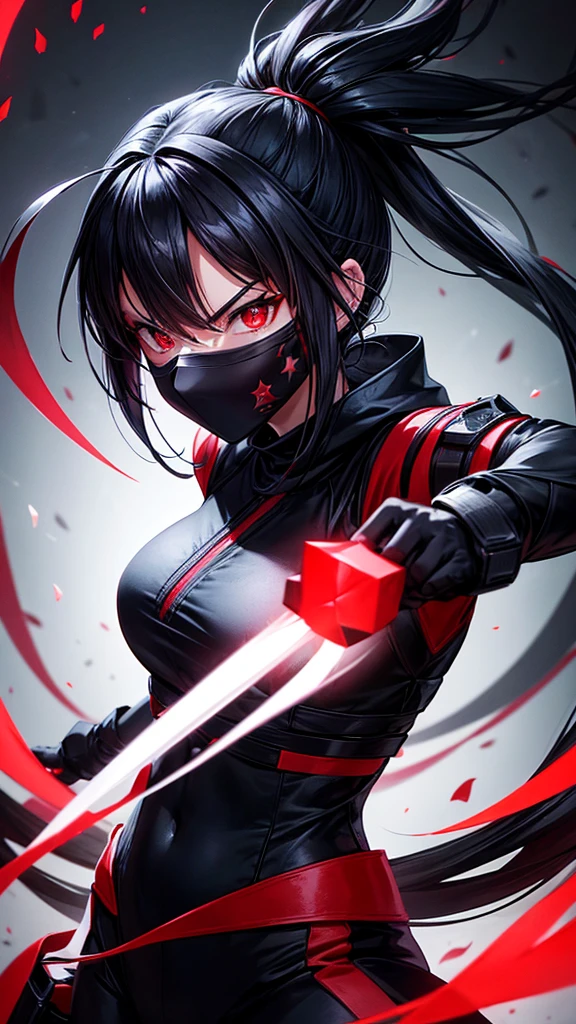 A female ninja without a helmet with a star on the back, wearing a black outfit, red eyes, and a fierce face.