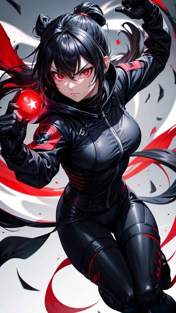 A female ninja without a helmet with a star on the back, wearing a black outfit, red eyes, and a fierce face.