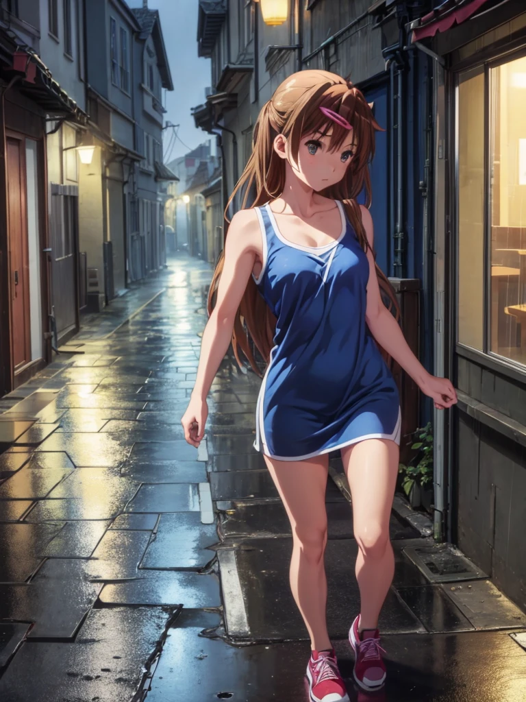 Girl, blue short tight dress , Bare breasts, chest visible, street  background, Narrow passage between houses, night, rain, slim body, In full growth, Sneakers, small breast 