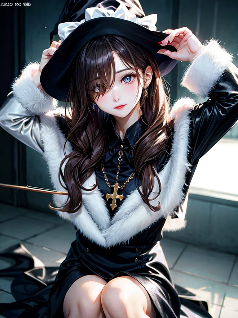 Promt.
young woman,looking at the camera, posing,ulzzang, streaming on twitch, character album cover,black moment,style of bokeh, witch dress, ,moody lighting,appropriate comparison of cold and warm, hair over one eye, bow on head, reality,idol,Beauty,beauty,Holding a crossbow, riding a horse