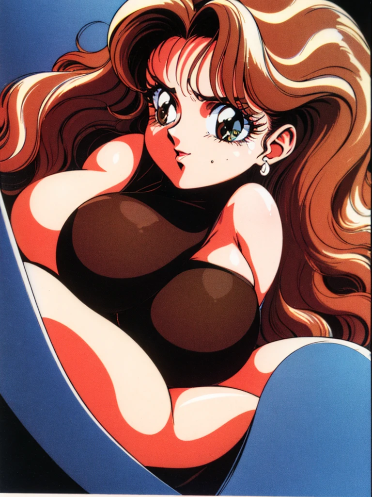 1990s (style), 1980s (style), retro artstyle, Browsing Caution、Highest quality, masterpiece, Ultra-high resolution,One maternal woman, (Huge breasts、Huge breasts:1.2)、Parted bangs,Carly, Super long wavy brown hair Highly detailed mean face, Long eyelashes、Red cheeks
