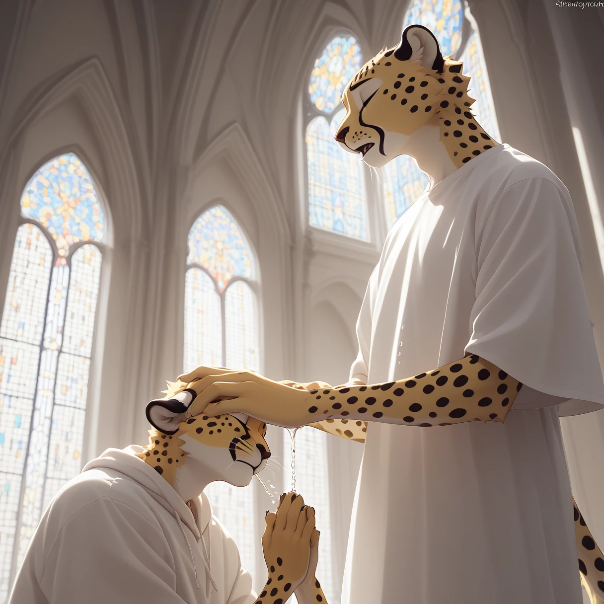 （Furry、Cheetah Boy）Yellow fluffy fur、Black spots、Thin white clothing、kneel、Eyes closed, looking down、Praying、Cathedral、Pouring light