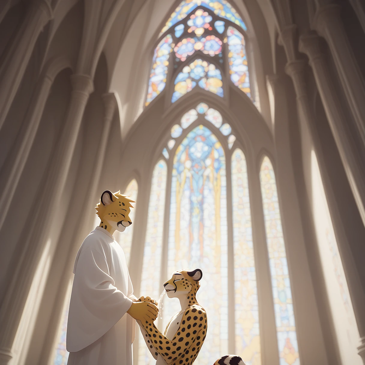 （Furry、Cheetah Boy）Yellow fluffy fur、Black spots、Thin white clothing、kneel、Eyes closed, looking down、Praying、Cathedral、Pouring light