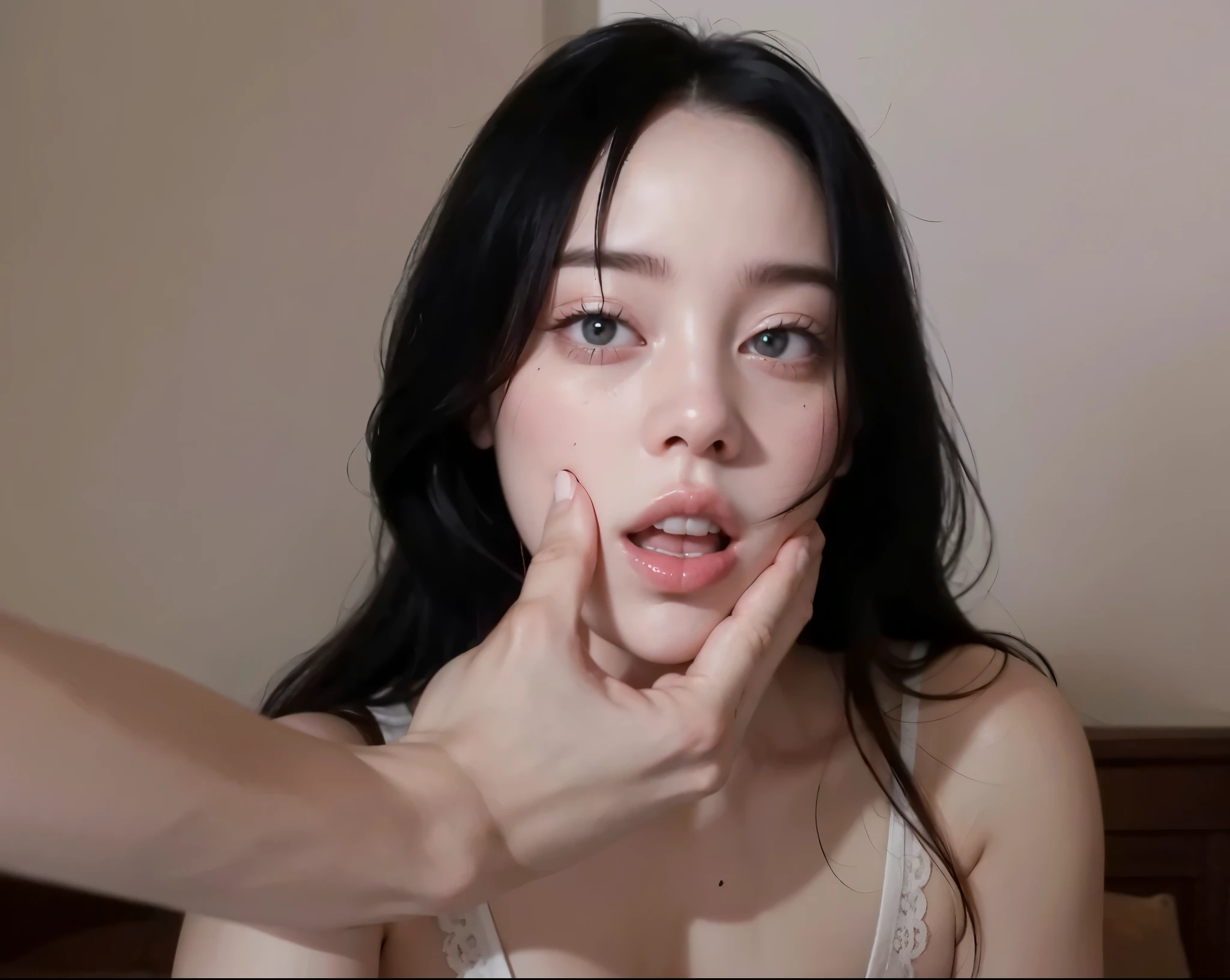 Billie Eilish with a muscular male arm holding her cheeks, there&#39;s an arm squeezing your cheeks