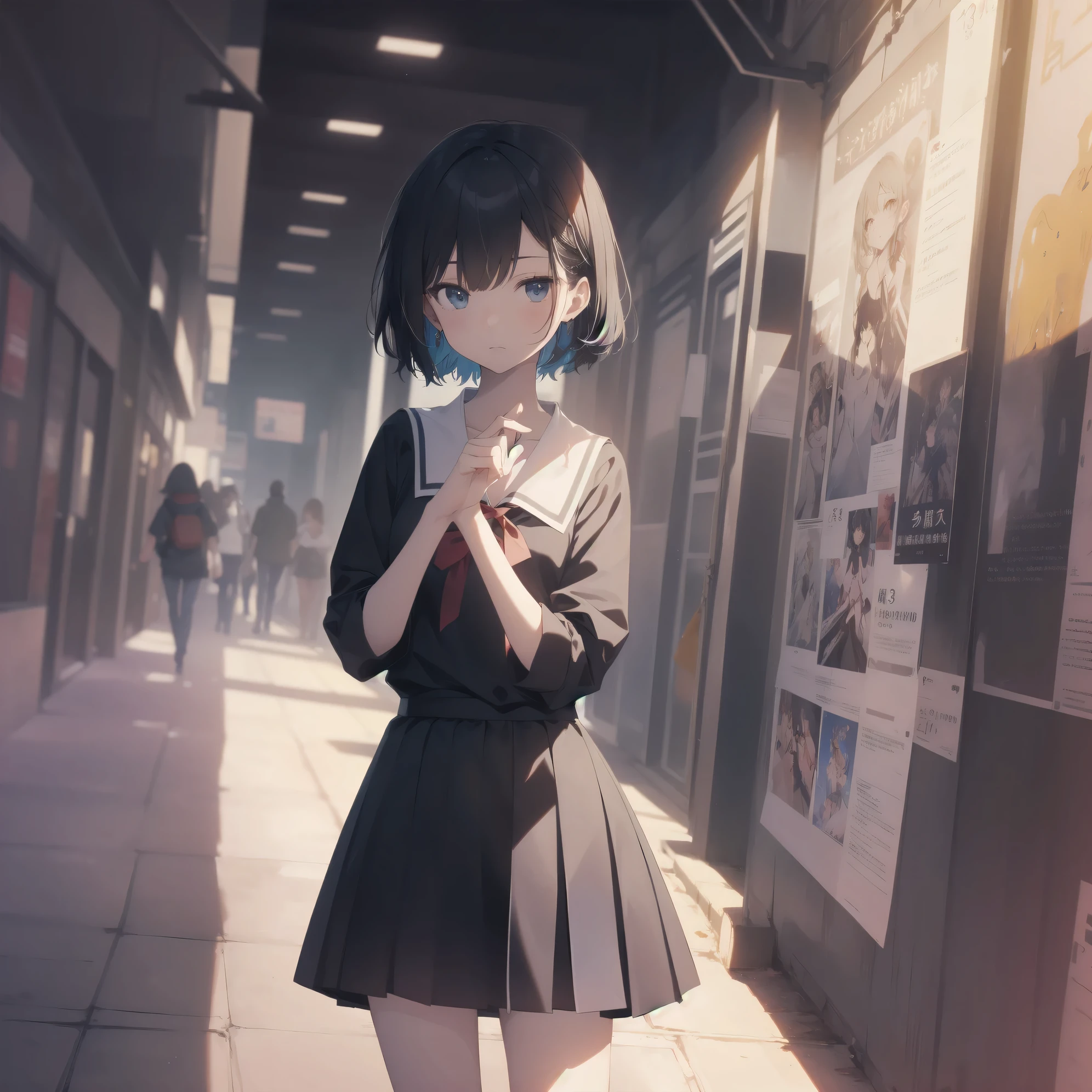 ultra-absurdres-Top quality by artist God, ultra-detailed, high resolution, anime moe artstyle, best anime 8k konachan wallpaper, pixiv contest winner, pool:2810, perfect anatomy,break, 1girl, (Please draw a girl walking sleepily to school alone. )break,(Solo,little female, 13-year-old:1.3),Full limbs, complete fingers,a junior high school student, (very short hair), short cut, flat chest, , small butt, small black eyes, beautiful detailed eyes, well-proportioned iris and pupils, expressive eyes, highres detailed hair, soft expression, salor school_uniform, sailor collar, serahuku, bow, pleated skirt,(Detailed Lighting), (Detailed background), in the School commute route. break,super detailed skin, Best cinematic lighting powered by famous artist, 8k,beauty illustration,photoshop_(medium),very aesthetic,break,((artist:miyo_(ranthath) )), artist:clamp ,artist:carnelian ,artist:kantoku ,