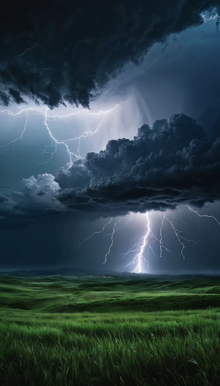Dark fantasy world view.Severe storm.grassland.god々A flash of bright light.The storm disappears