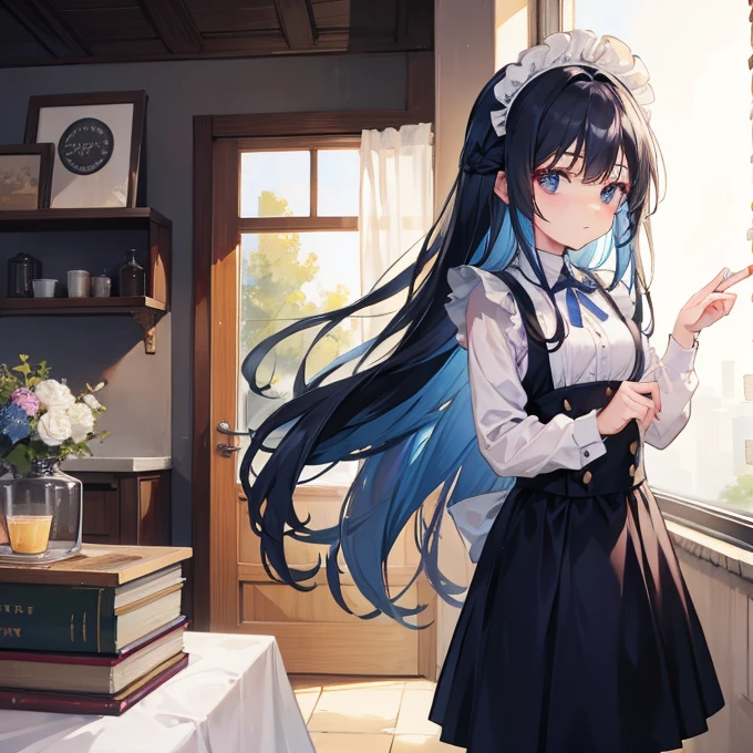 Long navy hair,Maid clothes,Fufu has a very cute face,It's a cute girl,tea time