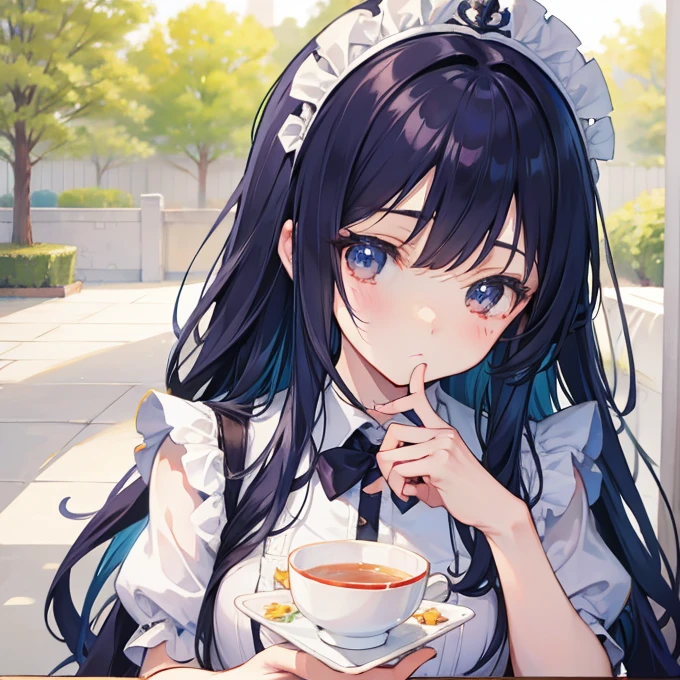 Long navy hair,Maid clothes,Fufu has a very cute face,It's a cute girl,tea time