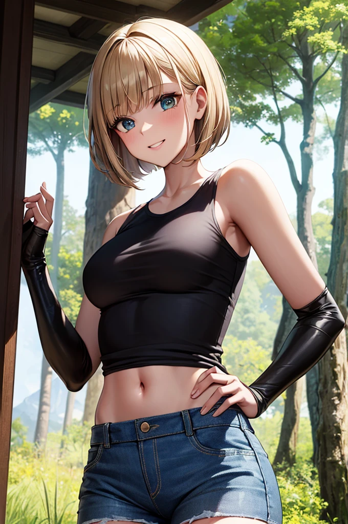 ((((masterpiece)))), expensive quality, very_expensive_solve, big_file size, Full Color, Steampunk depicting a planet of the future,, In the distant forest, A bustling foreign market, Off-road bikes. The main character is a girl with a beautiful upper body, blonde, short bob, silver, smiling, Mechanized weapons. Wearing a white tank top, Distressed denim shorts, Engineer boot, Off-road bikesに乗る. beauty,