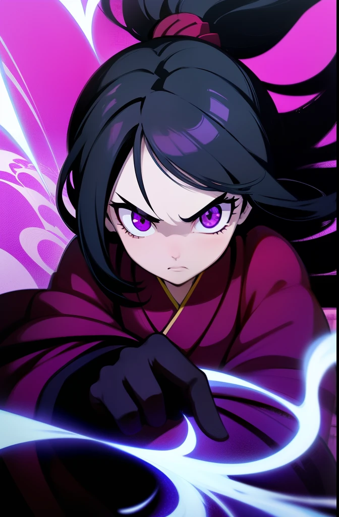 A formidable character emerges, reminiscent of the Nanatsu no Taizai anime style. Her jet-black hair flows in waves, a bamboo stalk noticeably present between her teeth, a symbol of her unyielding spirit. Her eyes, a captivating mix of red and deep purple, hold an intensity that leaves one both intrigued and slightly unnerved. A prominent dark purple mark adorns her right cheek, adding to her mysterious allure.

Dressed in a bold, dark red kimono, she exudes an aura of power. Black gloves with hidden potential adorn her wrists, the sleeves rolled up to reveal strong forearms. Her att