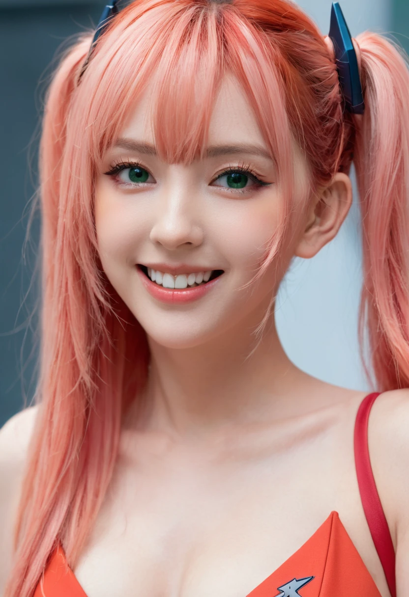 very detailed background, masterpiece, best quality, 1girl, solo, ((masterpiece, best quality)),best aesthetic, zero two (darling in the franxx), darling in the franxx, bangs, biting, blush, covered navel, eyeshadow, green eyes, hair behind head, hand on hip, horns, smile, long hair, looking at viewer, makeup, medium breasts, pilot suit, red suit, pink hair, red eyeshadow, science fiction, skin tight,