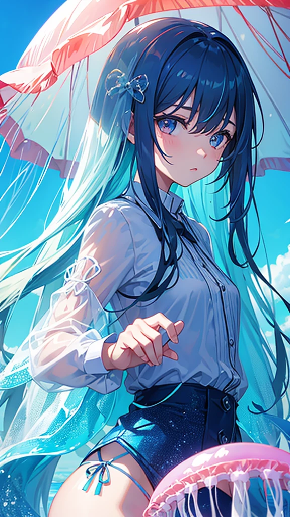 girl、Encased in jellyfish、Rainbow colors、Transparent
