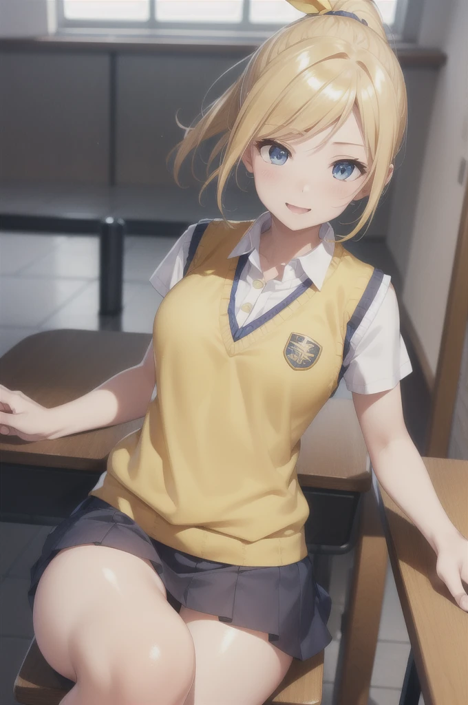 Eri Aase, catalyst, Yellow Hair, blue eyes, ponytail, Hair Ribbon, break otonokizaka , pleated skirt, , Short sleeve, skirt, Summer clothes, Sweater vest, (yellow Sweater vest:1.5), break looking at viewer, break indoors, classroom, break (masterpiece:1.2), Highest quality, High resolution, unity 8k wallpaper, (figure:0.8), (Beautiful attention to detail:1.6), Highly detailed face, Perfect lighting, Highly detailed CG, (Perfect hands, Perfect Anatomy), unity 8k wallpaper, (figure:0.8), (Beautiful attention to detail:1.6), Highly detailed face, Perfect lighting, Highly detailed CG, (Perfect hands, Perfect Anatomy), , (3D Face:1.1), (Shiny skin:1.5), (超High resolution intricate face details), (Facial skin pores:1.3), 超High resolution cloth texture, Big smile、Blushing、Open your mouth, Showing off her perfect legs