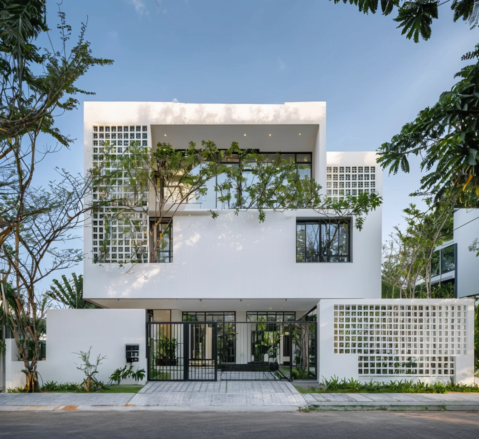 RAW photo , A white minimalism woodandwhite modern house with a double story and simple architecture, surrounded by trees in the yard of Vietnam, featuring a black metal gate and fence, landscape design, natural light, clear sky, blue background, high resolution photography, architectural photography, architectural appearance. The building has square windows made from white ceramic tiles, while the walls feature grid designs, There is also an entrance to another home nearby in the style of architectural photography, road, sidewalk, sidewalk trees, 8k uhd, dslr, soft lighting, high quality, film grain, Fujifilm XT3