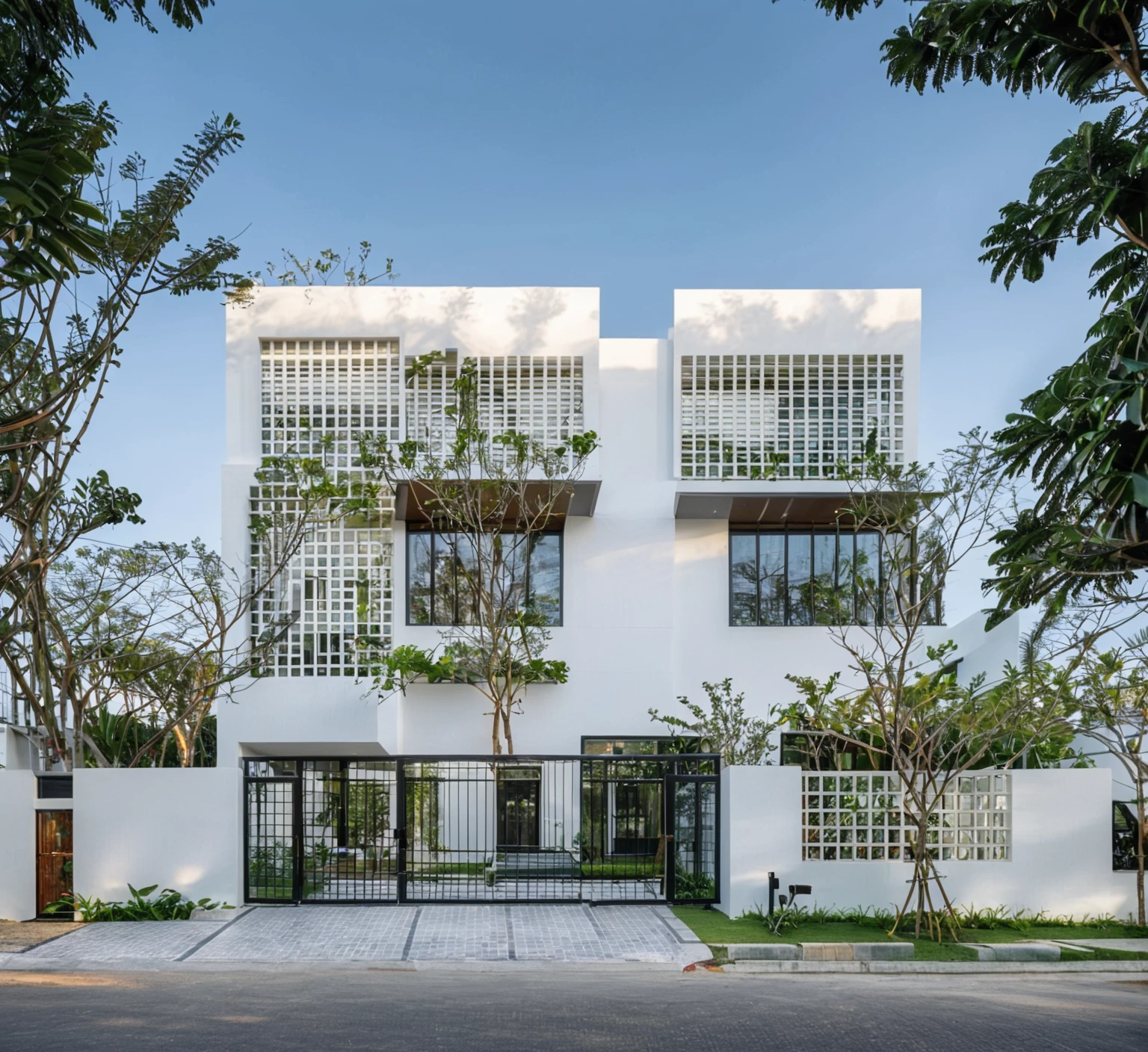 RAW photo , A white minimalism woodandwhite modern house with a double story and simple architecture, surrounded by trees in the yard of Vietnam, featuring a black metal gate and fence, landscape design, natural light, clear sky, blue background, high resolution photography, architectural photography, architectural appearance. The building has square windows made from white ceramic tiles, while the walls feature grid designs, There is also an entrance to another home nearby in the style of architectural photography, road, sidewalk, sidewalk trees, 8k uhd, dslr, soft lighting, high quality, film grain, Fujifilm XT3