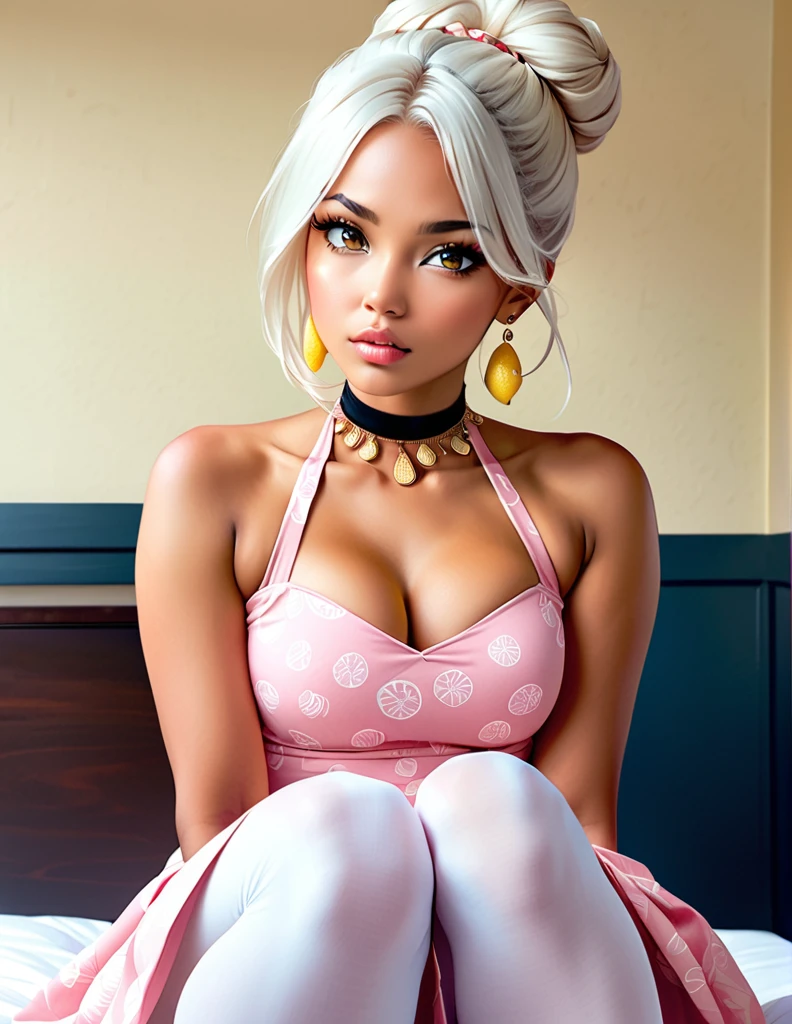 1 girl, tanned_skin, ((white hair)), one bun hairstyle, large ass, wearing a cute pink dress with lemons pattern, full lips, pretty long eyelashes, pretty eyebrows, soft looking skin, wearing one black velvet choker around her neck, realistic bedroom, masterpiece, wearing white diamond earrings, sitting on bed, looking at viewer, ((blue eyes))