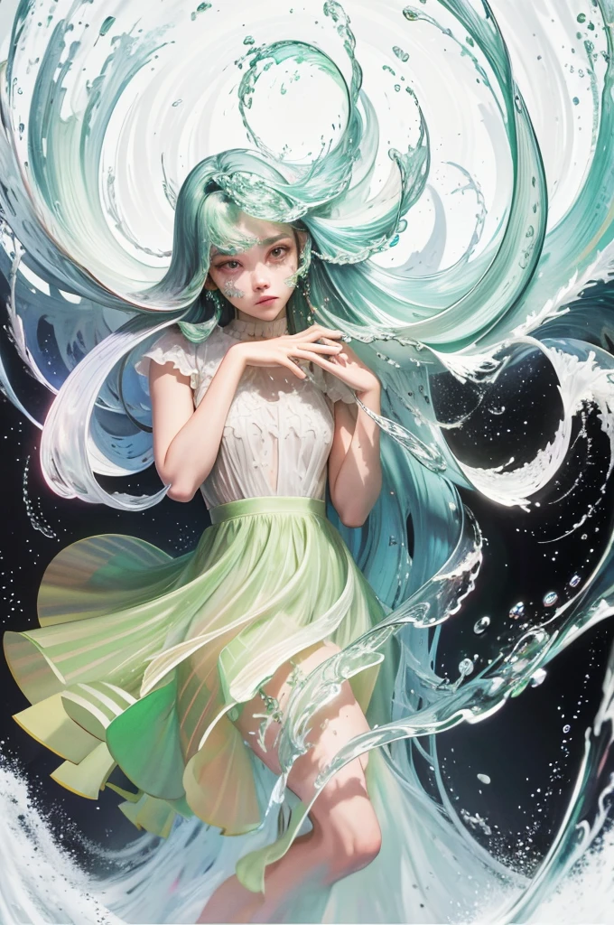 (masterpiece, 最high quality, high quality, High resolution, ultra-detailed), One girl,alone,Light_green_hair,liquid hair, long hair,floating hair, whole body, Are standing,Sundress, Liquid clothing,water dress,  最high quality, 8K, detailed skin texture,  beautiful detailed face, intricate details, ultra detailed,Dancing,   skirt_tail,