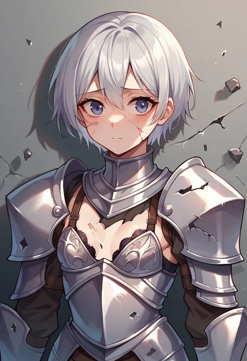 Girl, silver hair, short hair, boyish, shy, small breasts, knight's armor, shattered armor, ((armor is shattered and bra is visible))